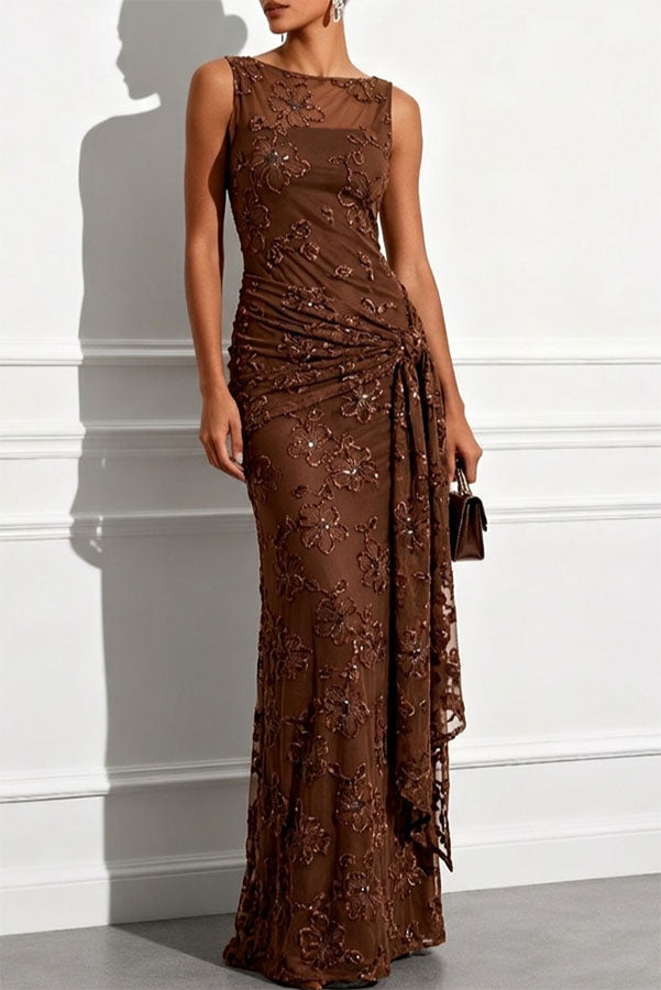 Vestido largo de gala Solana de jacquard con lentejuelas, escote barco, sin mangas y bajo anudado