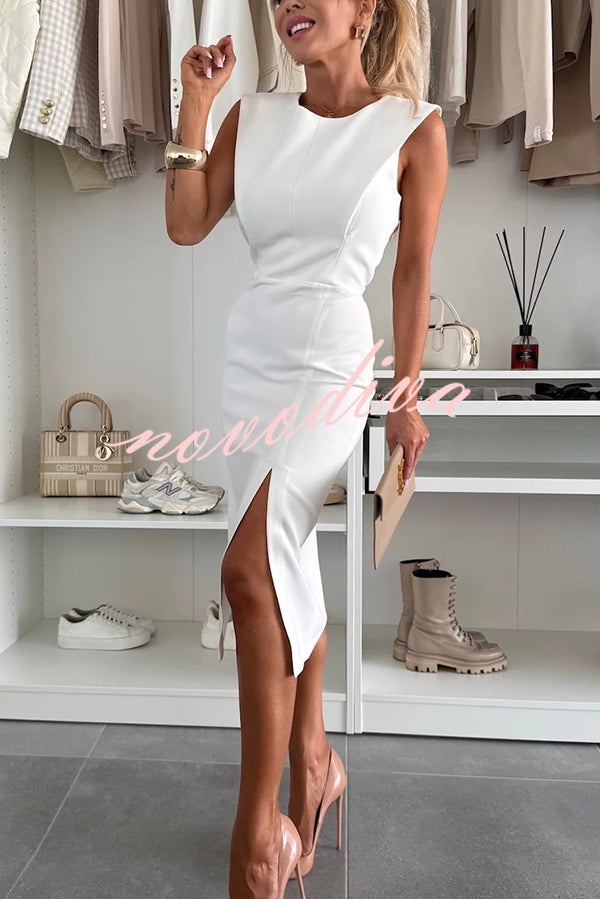 Vestido midi elástico Charming Lady liso con cuello redondo, sin mangas, cintura marcada y abertura