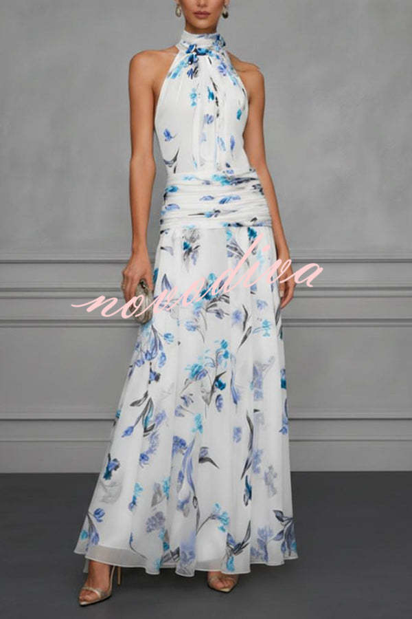 Vestido Aria floral halter fruncido