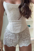 Conjunto romántico de top corsé de encaje floral con hombros descubiertos y shorts elásticos de tiro medio