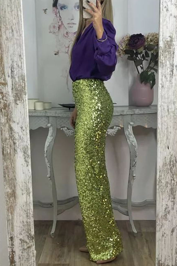 Pantalón ancho Glamour Deslumbrante de lentejuelas de talle alto con cintura elástica