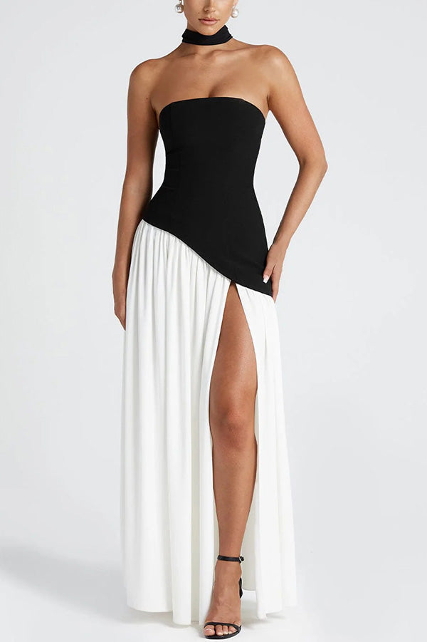 Vestido largo elegante de gasa con hombros descubiertos, bajo plisado, pañuelo y abertura