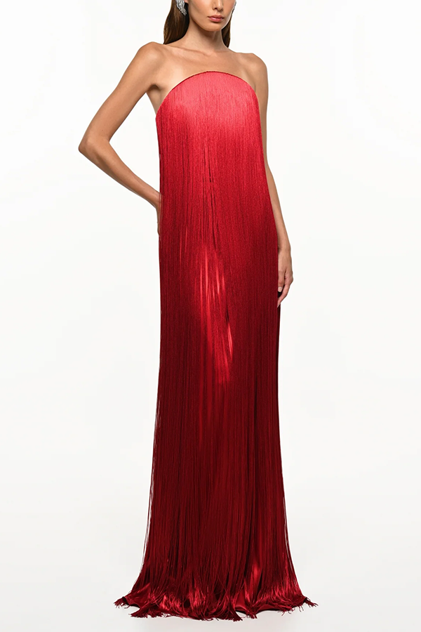 Vestido largo de gala hasta el suelo Dreamy Eye-catching con flecos brillantes y hombros descubiertos