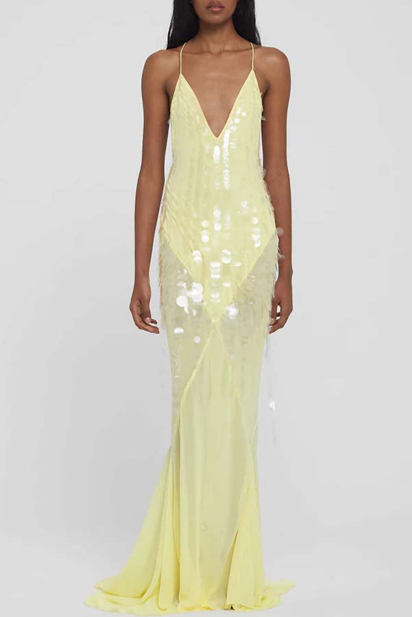 Vestido largo lencero Noche Perfecta de lentejuelas bordadas con espalda descubierta y bajo drapeado de tul