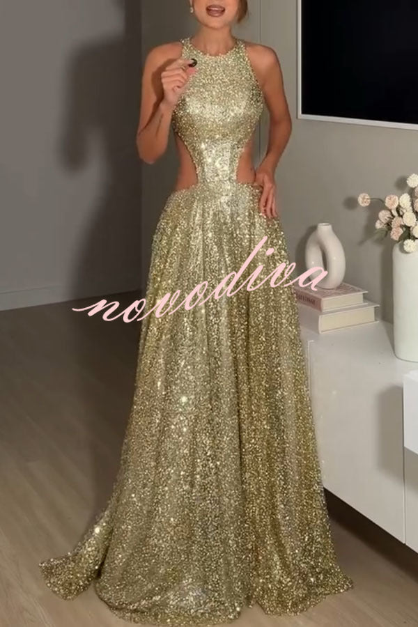 Vestido largo con vuelo Dazzling Night de lentejuelas con cuello redondo, abertura en la cintura y espalda descubierta