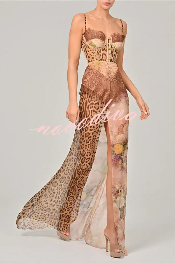 Vestido largo ajustado de gasa con estampado de leopardo, paneles de encaje sexy y abertura alta