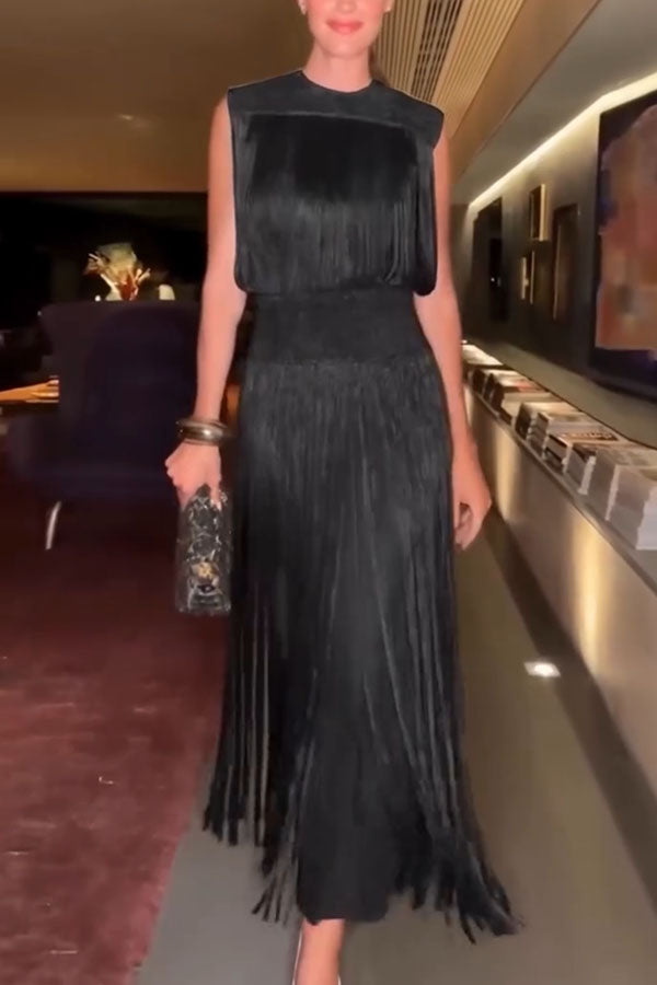 Conjunto elegante de top de punto texturizado sin mangas con flecos y falda larga con cintura elástica
