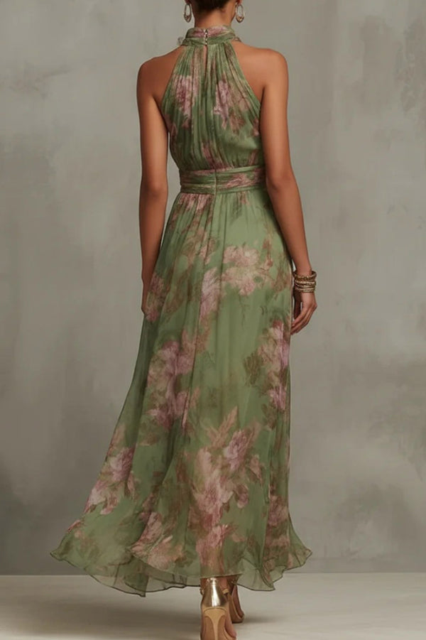 Vestido largo casual de vacaciones con estampado floral, cuello halter, sin mangas y cintura entallada