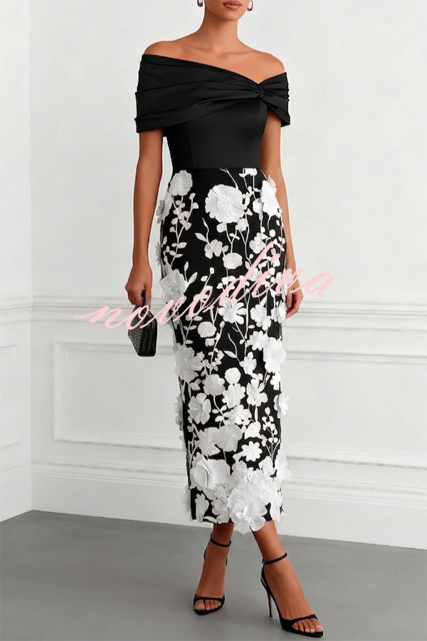 Vestido midi ajustado clásico con bordado floral 3D, hombros descubiertos y manga corta
