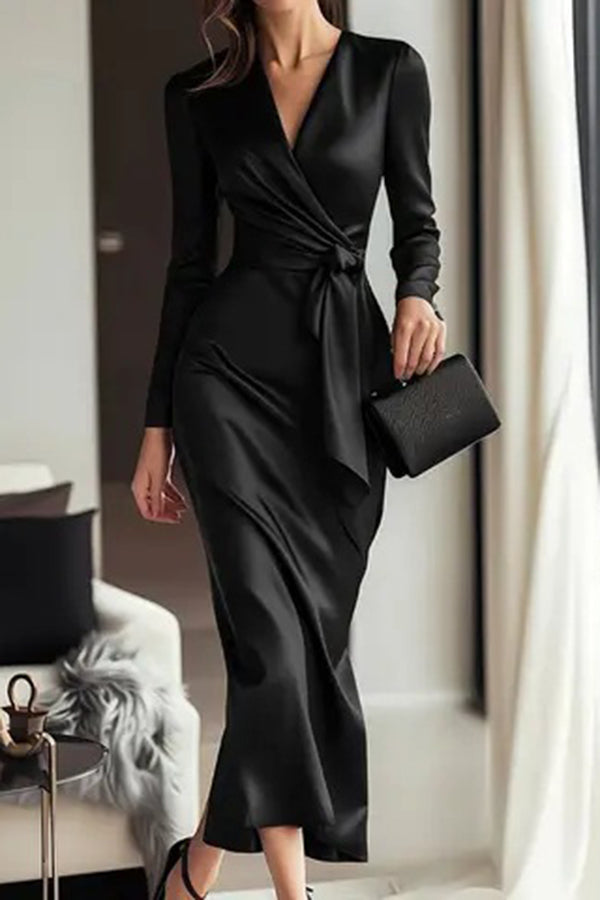 Vestido midi ajustado de satén en color liso con escote en V, manga larga y lazada en la cintura