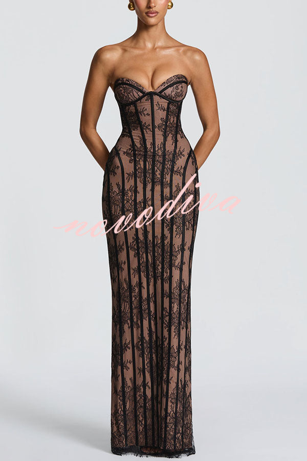 Vestido largo Sian palabra de honor de encaje floral con detalle estructurado en contraste, abertura y lazada en la espalda