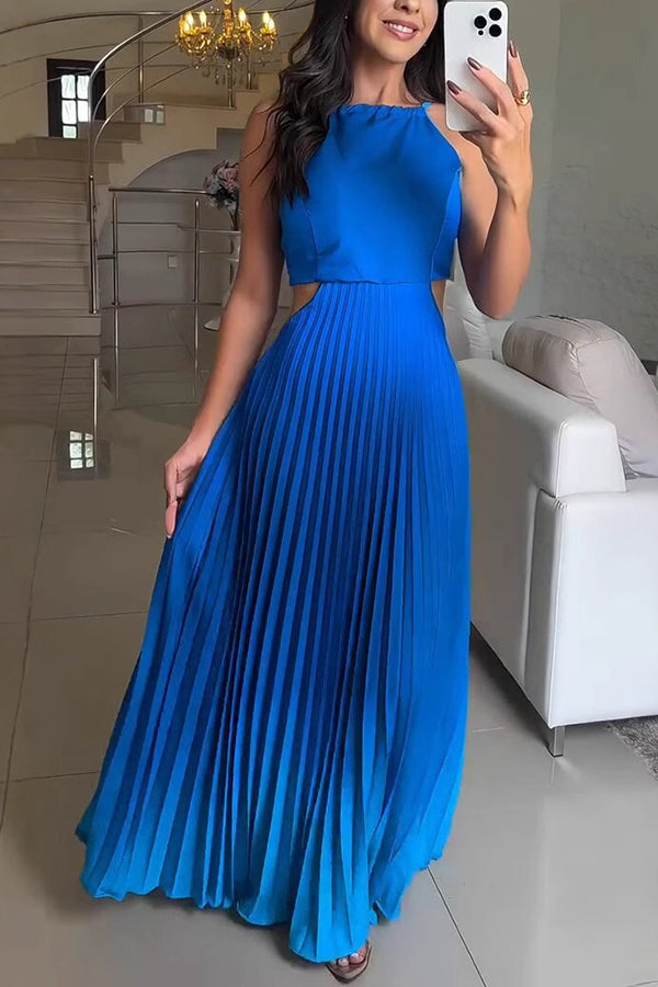 Vestido largo elegante plisado degradado con espalda descubierta y lazada