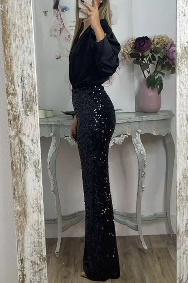 Pantalón ancho Glamour Deslumbrante de lentejuelas de talle alto con cintura elástica