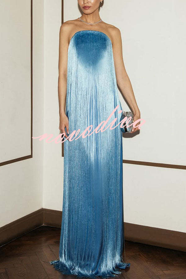 Vestido largo de gala hasta el suelo Dreamy Eye-catching con flecos brillantes y hombros descubiertos