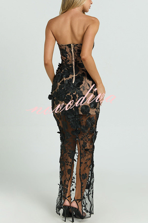 Vestido largo Sienna de tejido con bordado floral, hombros descubiertos, silueta sirena y abertura