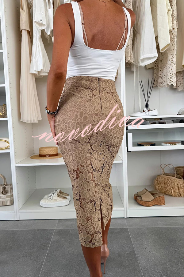 Falda midi elástica Lesia de encaje floral de talle alto con abertura