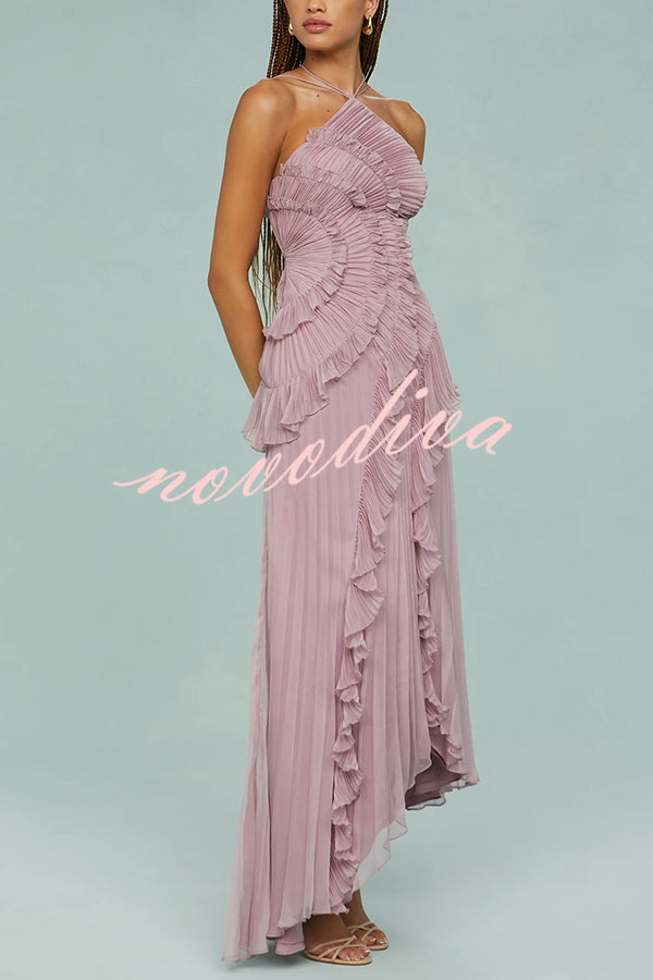 Vestido largo de gala halter Dream Ode con pliegues y volantes estilo nenúfar
