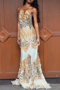Vestido largo Coral de satén con estampado de leopardo, cuello halter caído y bajo con volantes exagerados