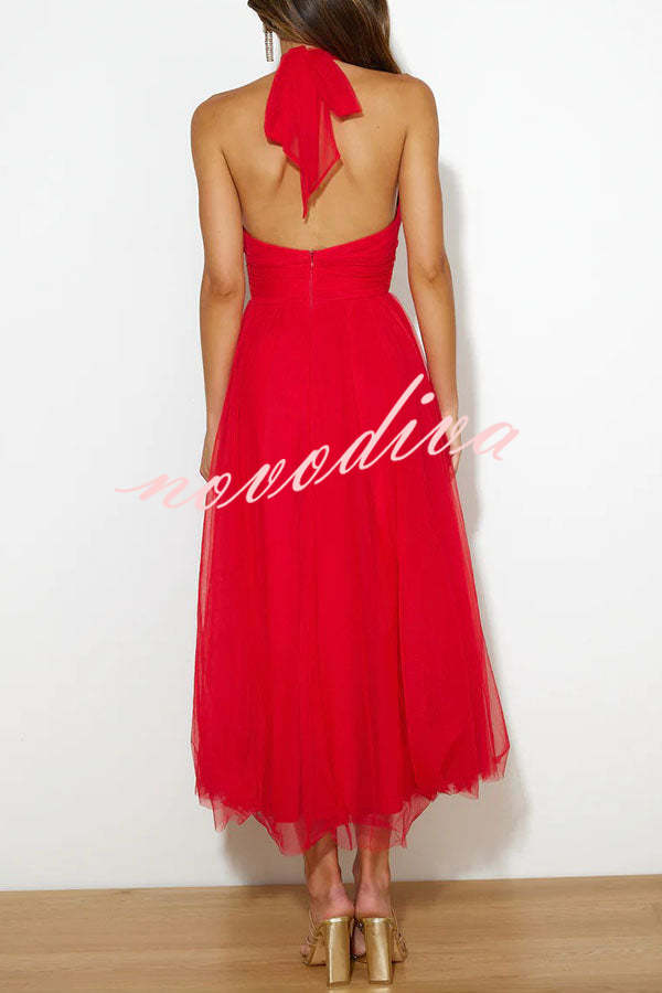 Vestido largo halter Fairy Vibes de tul con detalle fruncido