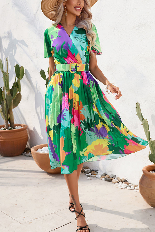 Vestido midi Paulette plisado con estampado floral en contraste y cinturón