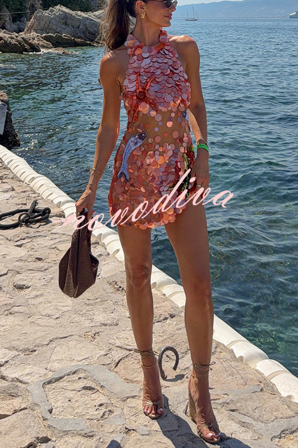 Minivestido halter Dorothy con bordado de peces y estrellas de mar de lentejuelas grandes