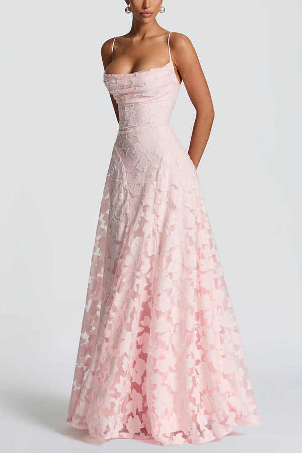 Vestido largo Francis de punto devoré floral con cuello caído y lazada en la espalda