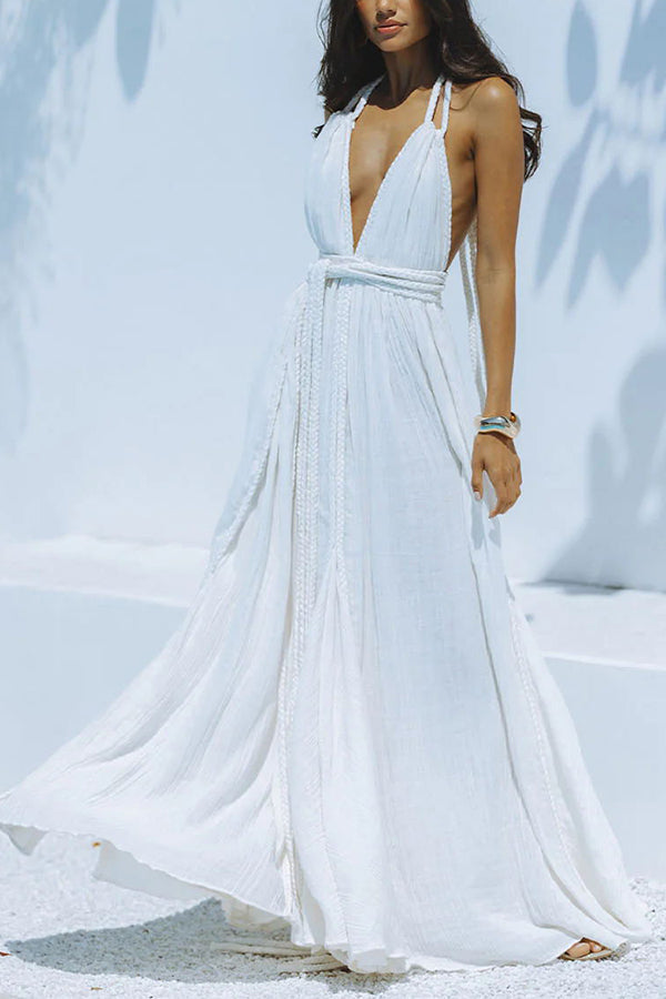 Vestido largo de mezcla de lino tipo pareo con trenzas drapeadas, escote en V profundo, cuello halter y espalda descubierta