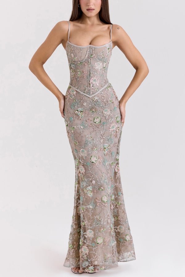 Vestido largo elegante y ajustado con cuello halter, sin mangas, espalda descubierta y lazada