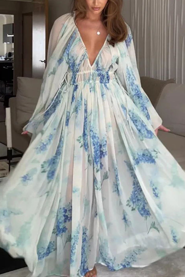 Vestido largo Rumbo al Océano de gasa floral con cintura ajustable con cordón
