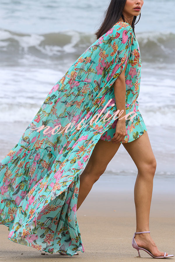 Vestido largo con capa Garden Party con estampado floral en contraste y bajo asimétrico