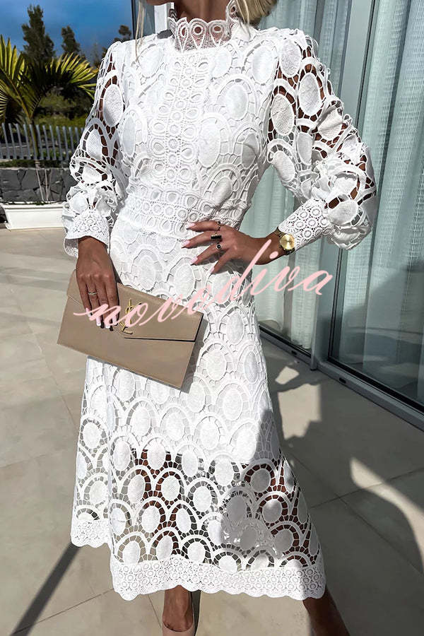 Vestido midi de fiesta Romántico, Sensual y Elegante de encaje de ganchillo con manga farol