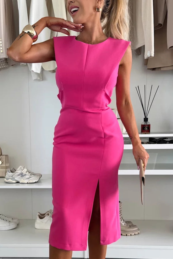 Vestido midi elástico Charming Lady liso con cuello redondo, sin mangas, cintura marcada y abertura