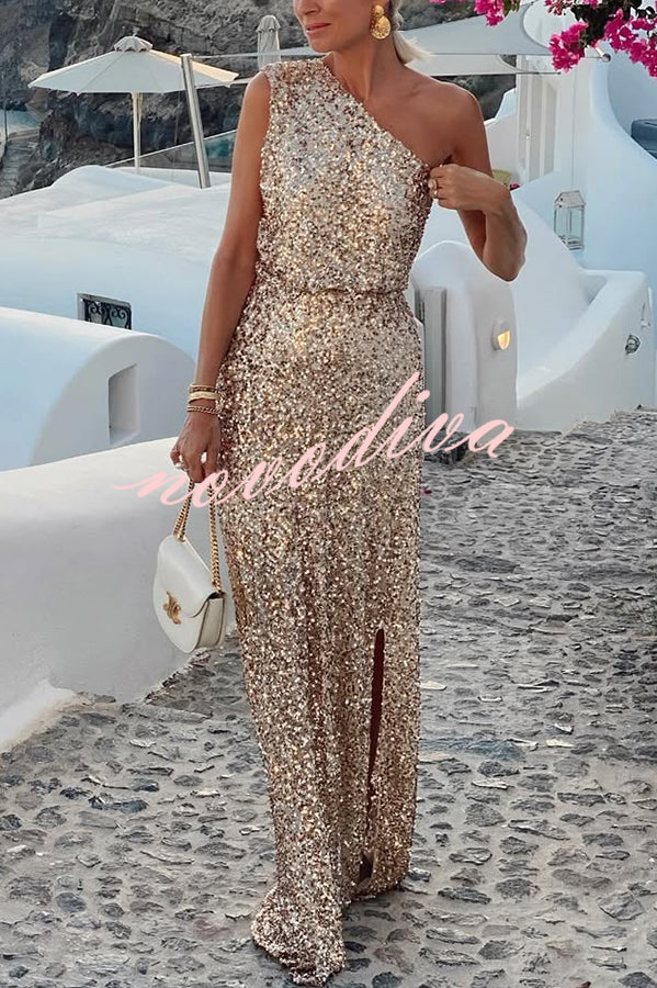 Vestido largo Noche en Santorini de tejido de lentejuelas asimétrico de un hombro con abertura