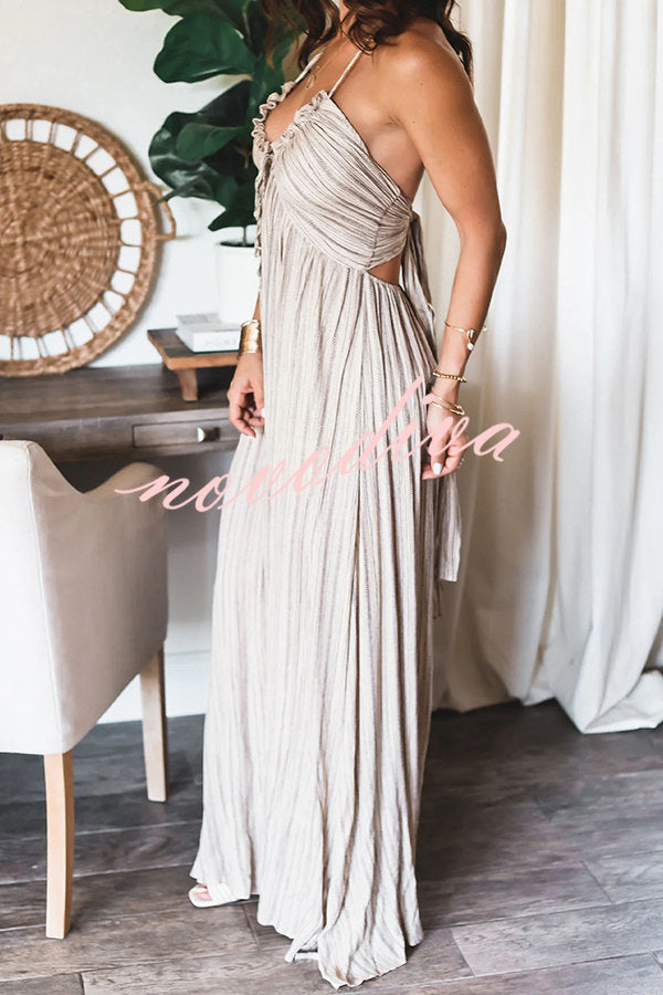 Vestido largo de fiesta ligero Deep Sea estampado con cuello halter y lazada en la espalda