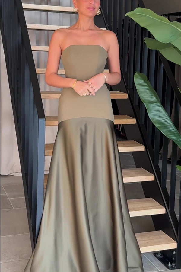 Vestido largo de gala palabra de honor de satén con paneles y vuelo, elegancia atemporal