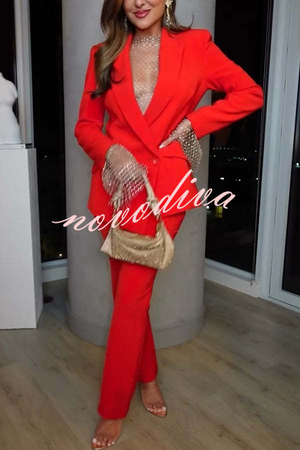 Conjunto Estilo de Vida de Lujo de blazer con solapa y un botón y pantalón de traje recto con cintura elástica y bolsillos