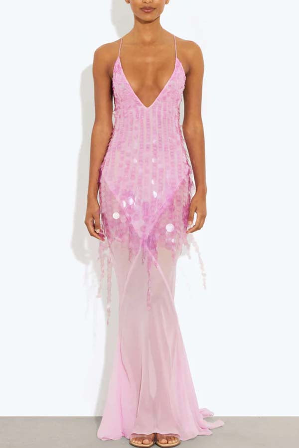 Vestido largo lencero Noche Perfecta de lentejuelas bordadas con espalda descubierta y bajo drapeado de tul