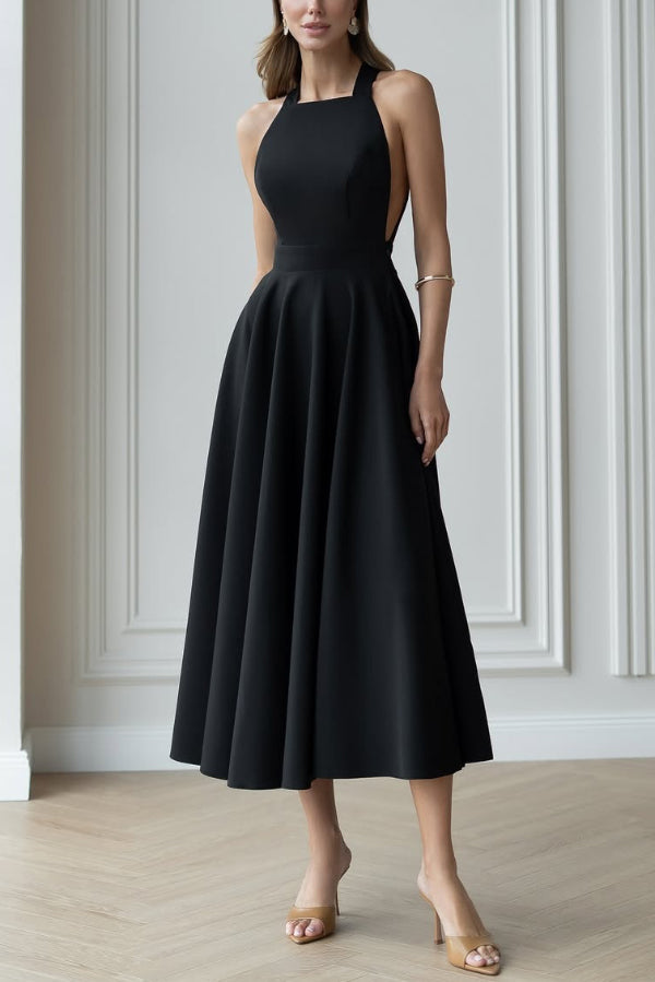 Vestido midi elegante de color liso con cuello halter, lazo y cintura ceñida