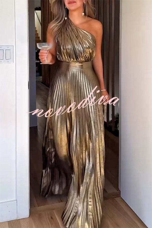 Vestido largo Be My Guest asimétrico plisado de tejido metalizado