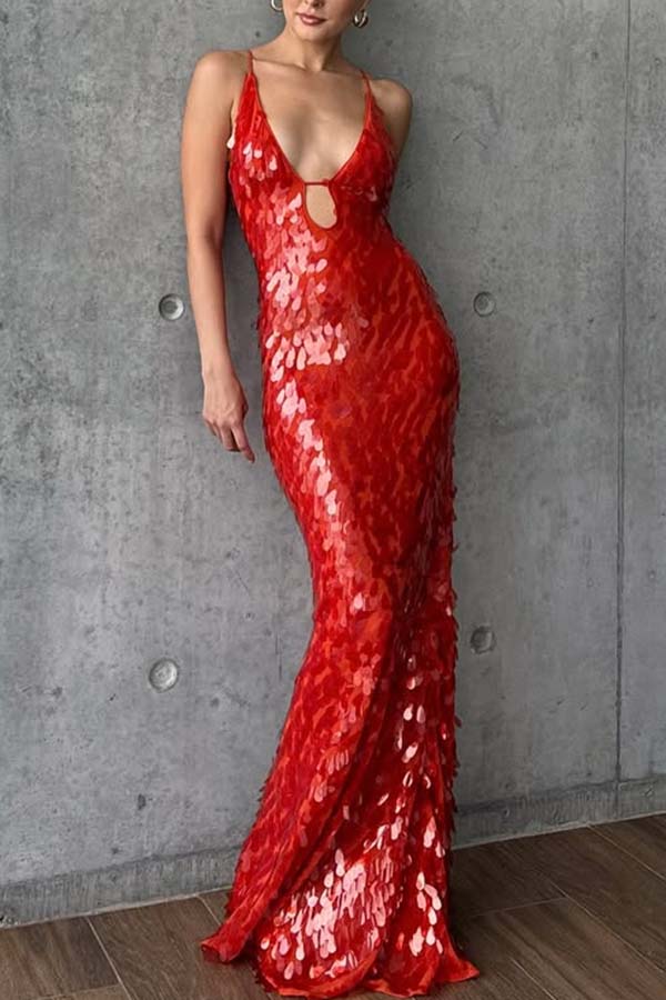Vestido largo lencero Belleza Renovada de lentejuelas de escamas con escote en U y aberturas