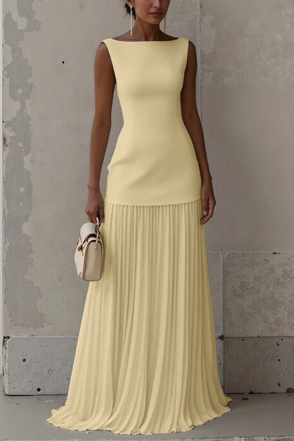 Vestido largo elegante de color liso sin mangas y plisado