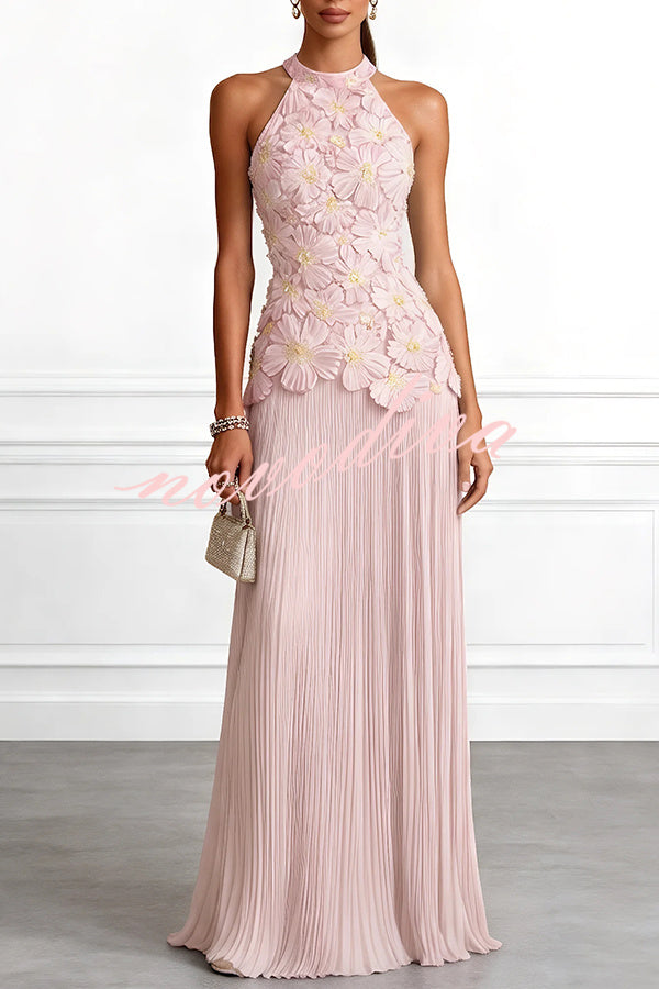 Vestido largo halter Emilie sin mangas con bordado floral 3D y bajo de gasa plisada