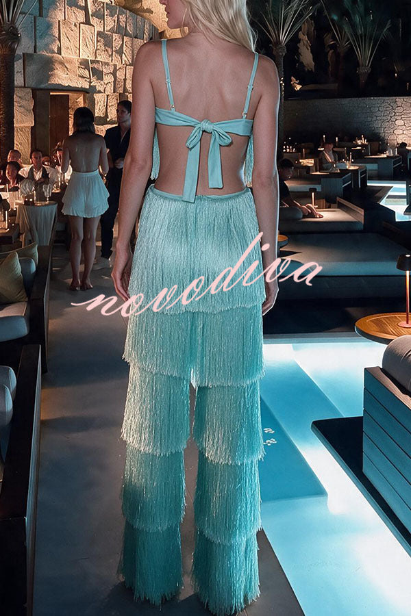 Conjunto Frazia de crop top de tirantes con flecos escalonados y lazada, y pantalón ancho de talle alto