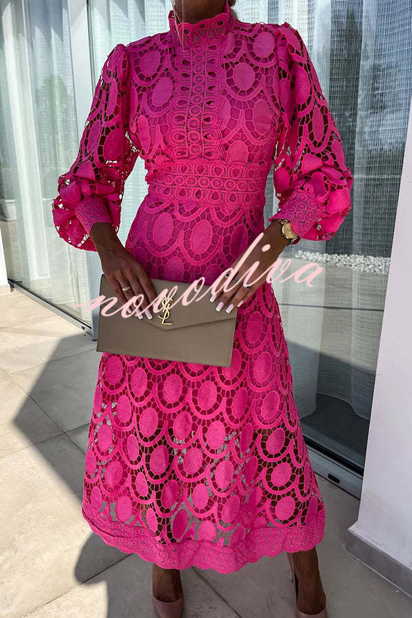 Vestido midi de fiesta Romántico, Sensual y Elegante de encaje de ganchillo con manga farol