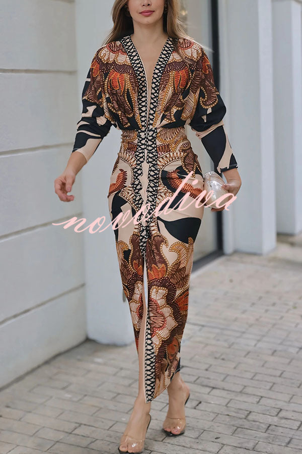 Vestido midi Verra con estampado único, manga murciélago larga, fruncido y abertura