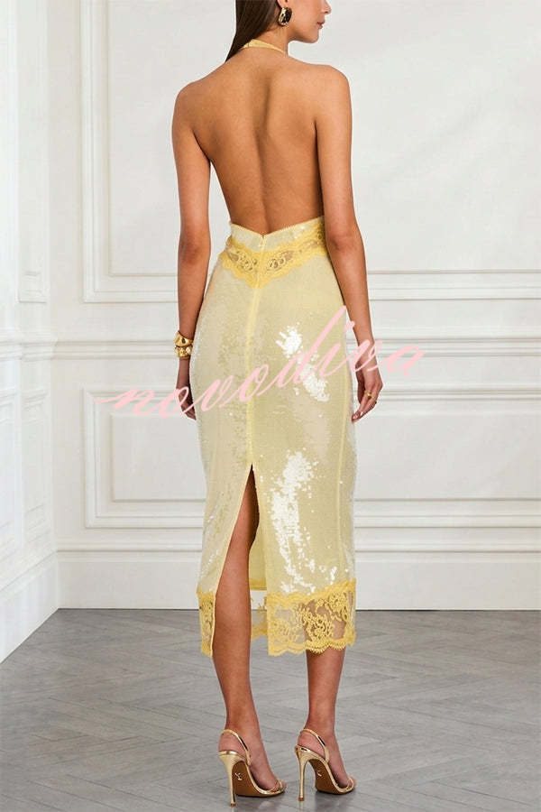 Vestido midi lápiz Vicky de lentejuelas con flores, ribete de encaje transparente y cuello halter