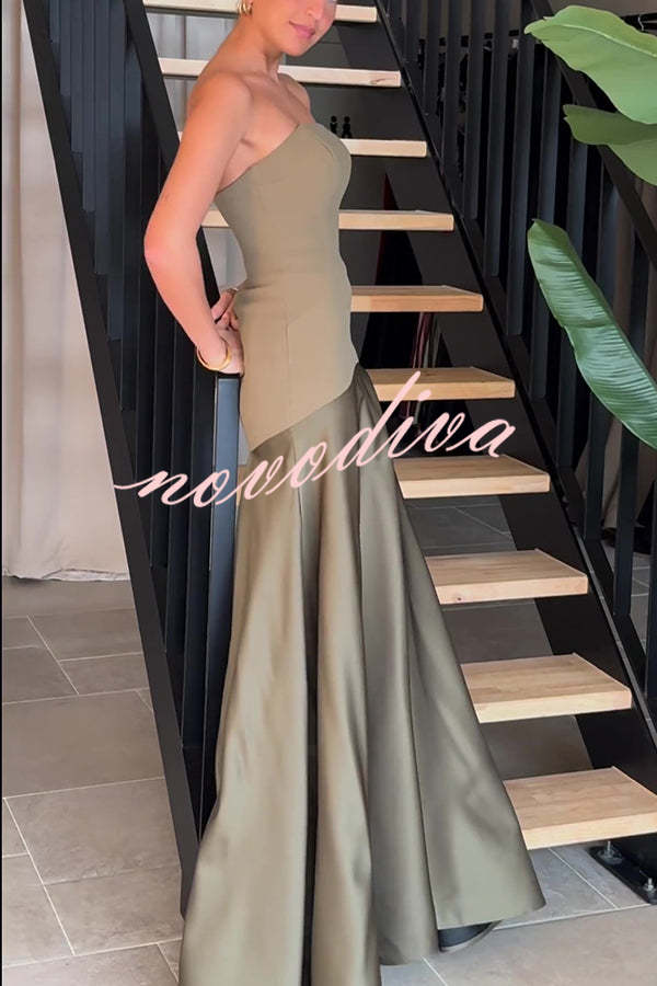 Vestido largo de gala palabra de honor de satén con paneles y vuelo, elegancia atemporal