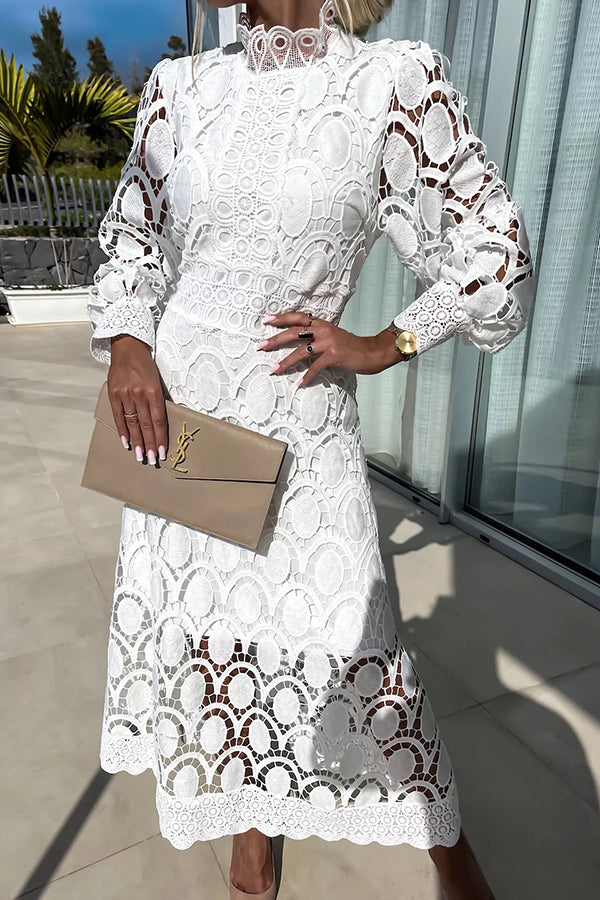 Vestido midi de fiesta Romántico, Sensual y Elegante de encaje de ganchillo con manga farol