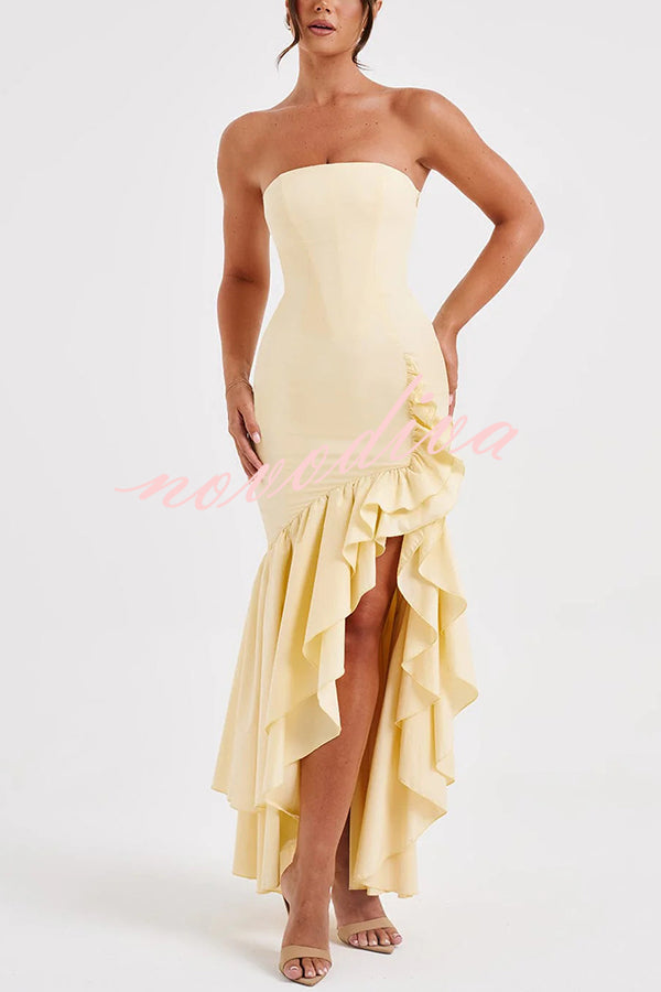 Vestido largo ajustado sexy con hombros descubiertos y bajo irregular