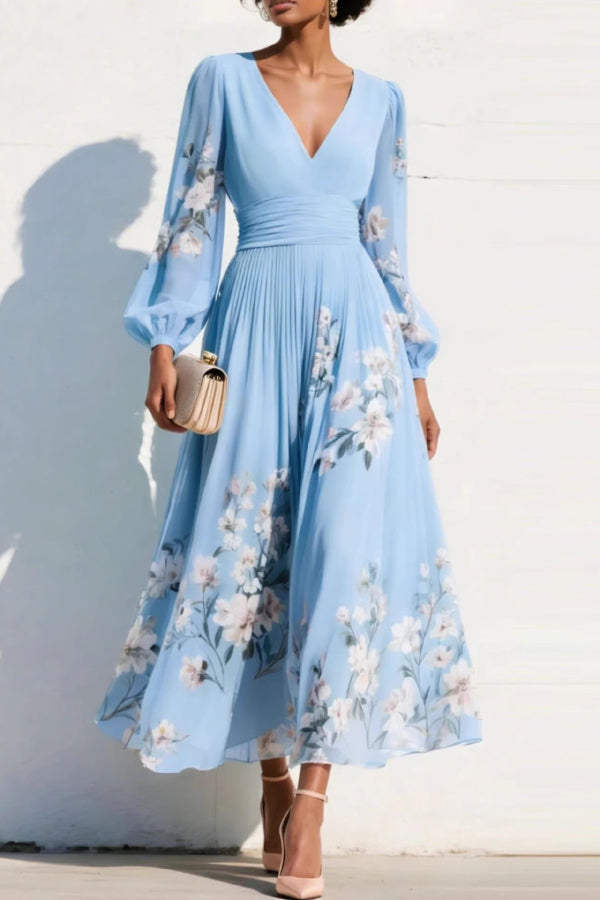 Vestido largo casual con estampado floral, escote en V, manga larga y cintura entallada